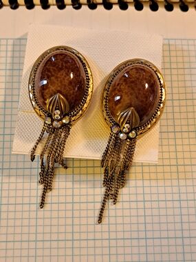 Gold-Tone Brown Stone Drop CLIP Earrings with Fringe Chains